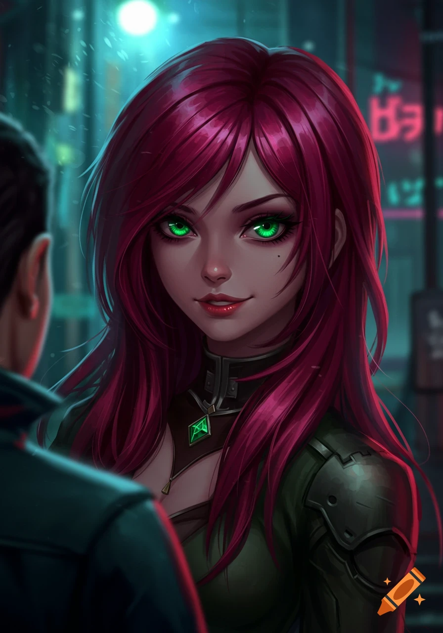 An anime girl with long pink hair and glowing green eyes gazes intensely, in a futuristic cityscape at night.