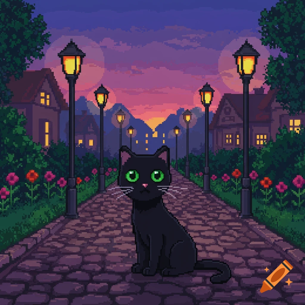 A black cat with green eyes sits on a cobblestone path lined with streetlights and houses at sunset in a pixel art style.