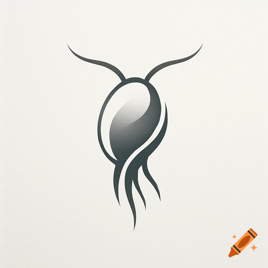 A simple, abstract, monochromatic logo featuring a stylized oval shape with curved lines resembling antennae and flowing tentacles, on a light background.