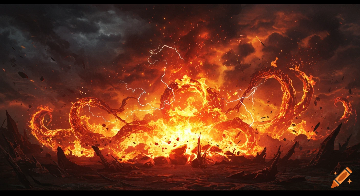An epic digital painting of a colossal fire entity exploding with lightning in a dark, desolate landscape under a stormy sky.