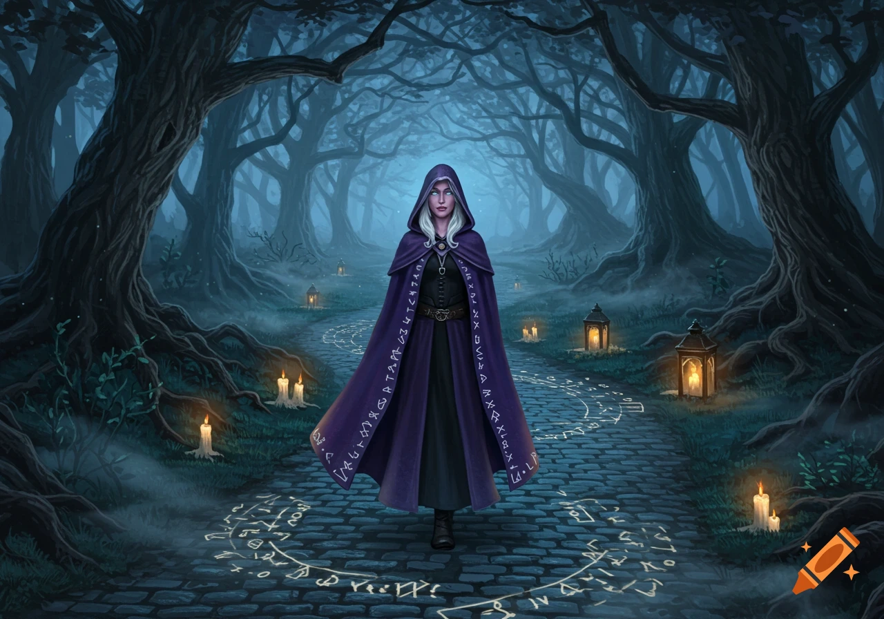 A white-haired sorceress in a purple hooded cloak stands on a cobblestone path lined with glowing runes and candles in a dark, misty forest.