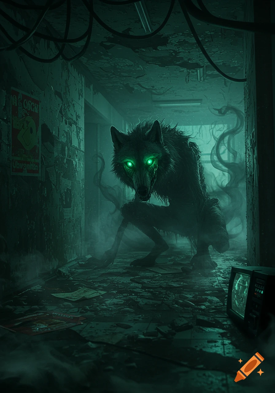 A creepy, wolf-like monster with glowing green eyes in a dark, derelict hallway. Debris covers the floor, with posters on cracked walls.