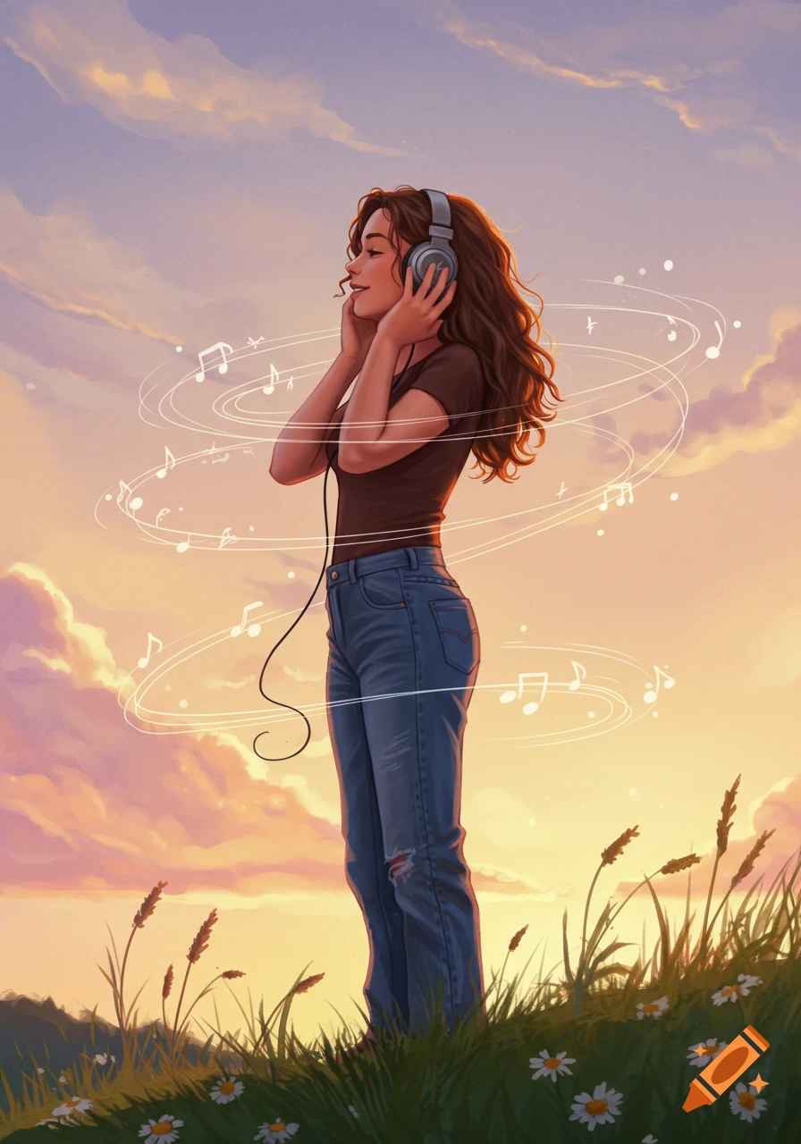 An illustrated woman with headphones smiles, listening to music at sunset in a grassy field with daisies.
