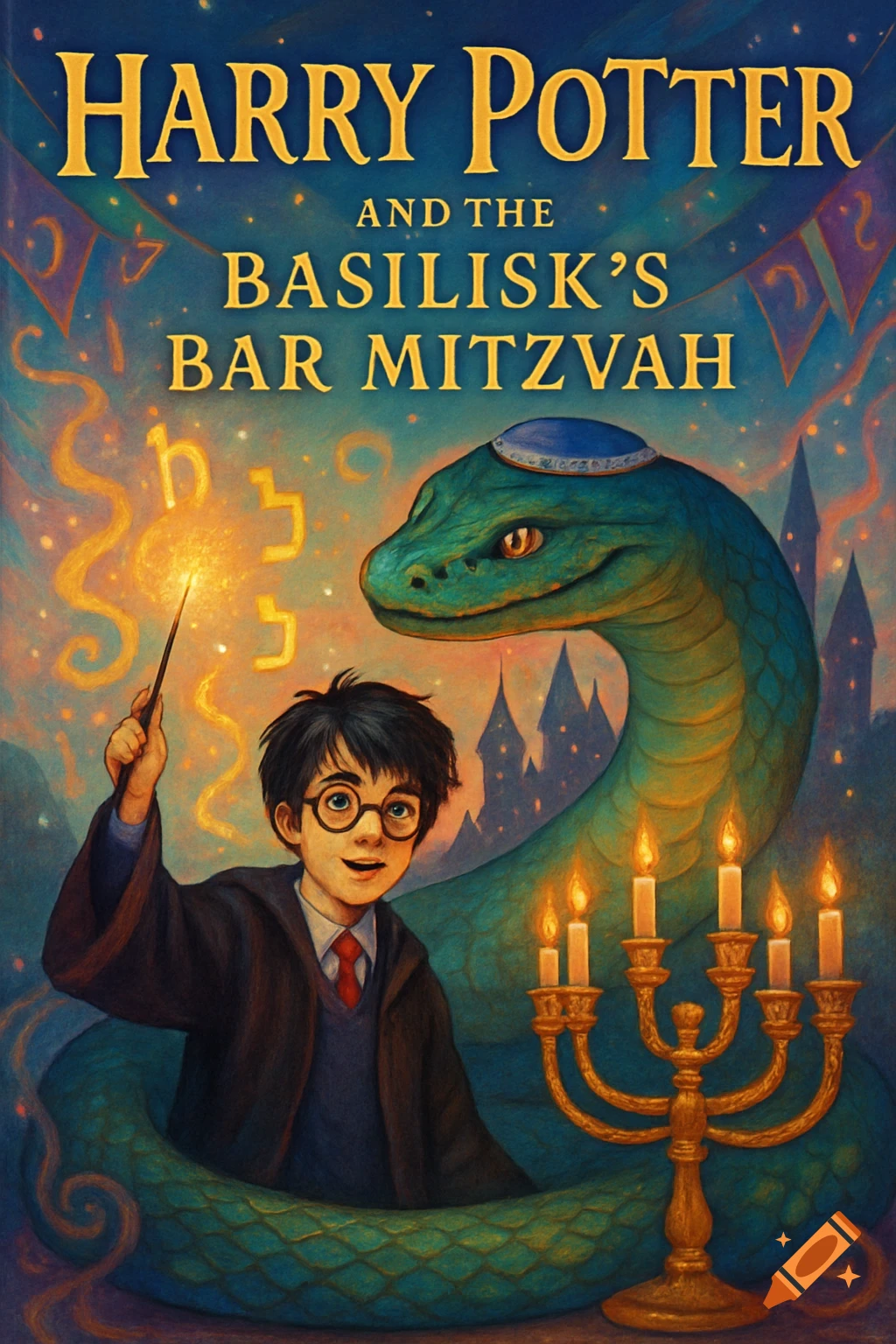Colorful illustration of Harry Potter and a basilisk wearing a kippah with a menorah, on a book cover.