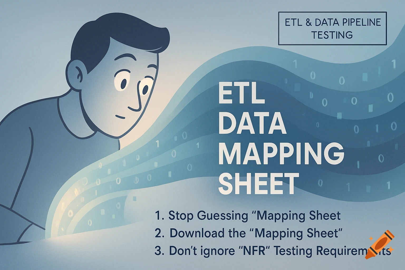 A cartoon man gazes at glowing data stream with text 'ETL DATA MAPPING SHEET' and 'ETL & DATA PIPELINE TESTING', plus three bullet points on data management.