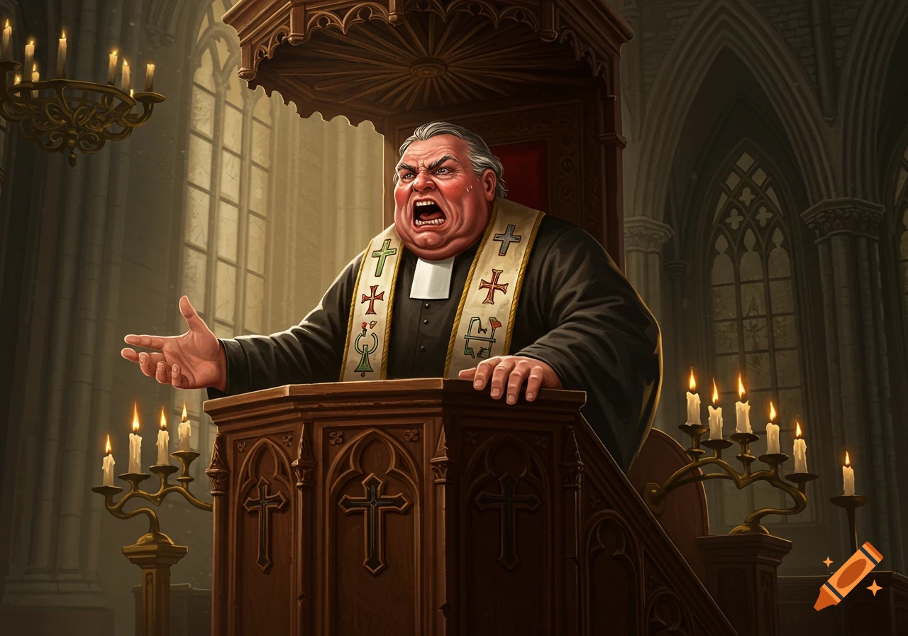 An angry, heavy-set pastor in a black cassock and white stole yells from a wooden pulpit in a dimly lit church, surrounded by lit candles.