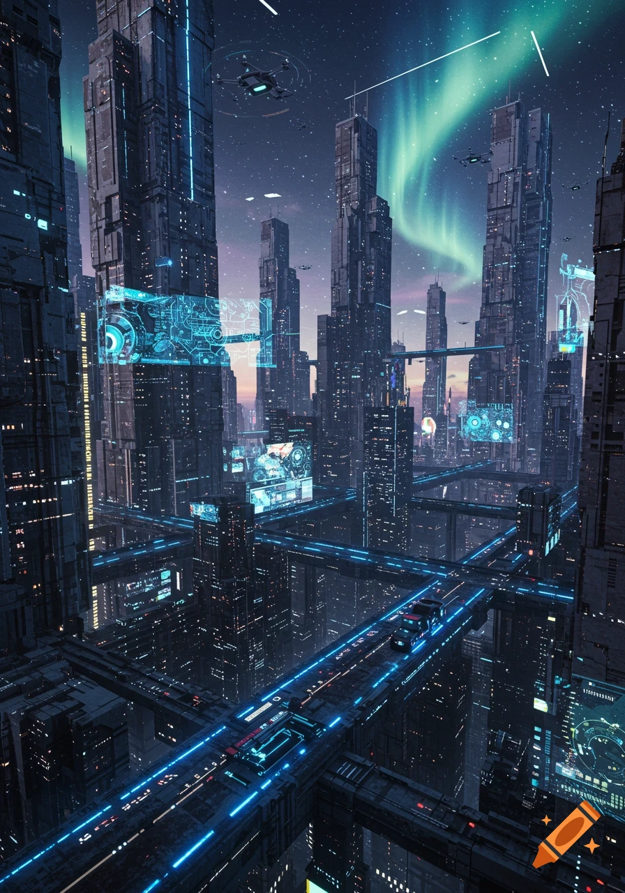 A sprawling futuristic city at night with towering skyscrapers, glowing blue pathways, flying vehicles, and a vibrant aurora in the sky.