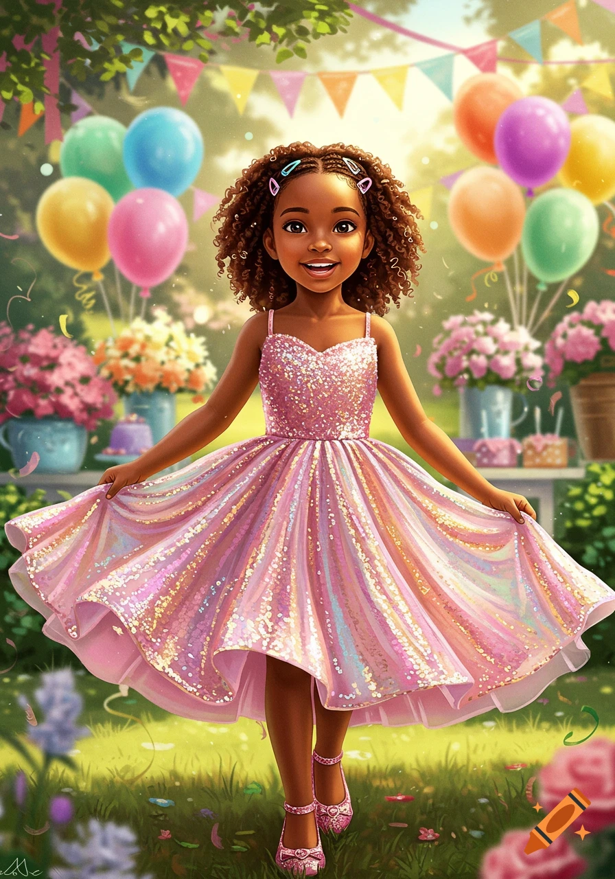 A vibrant illustration of a young brown girl in a sparkly pink dress, holding it out at an outdoor birthday party with colorful balloons and flowers.