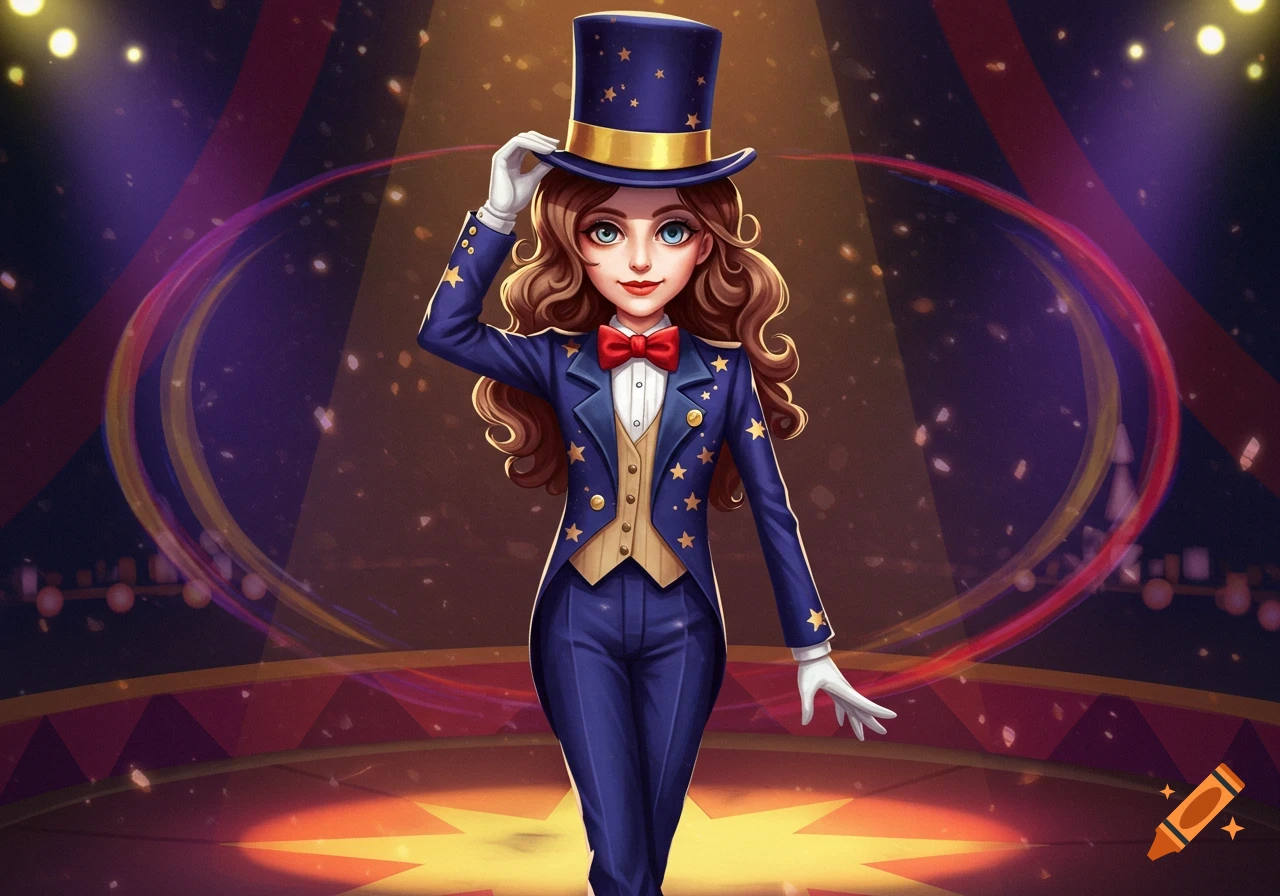 A cartoon-style character with long brown wavy hair and blue eyes, wearing a blue, gold, and red ringmaster suit with stars, and a top hat, on a circus stage.