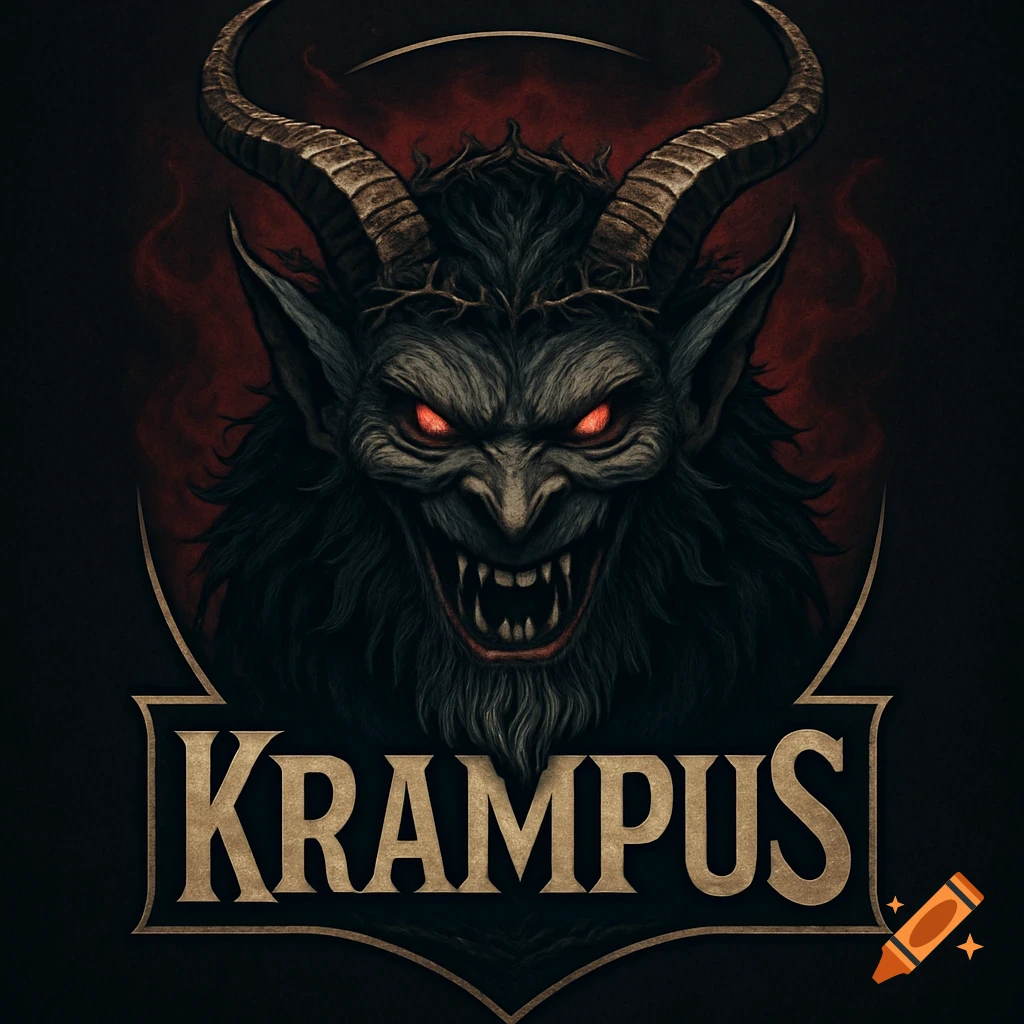 A snarling Krampus logo with horns, red eyes, and sharp teeth over a red smoky background, with 'KRAMPUS' in gold.
