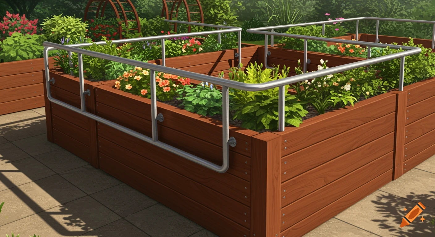 Raised wooden garden beds with green plants and colorful flowers, equipped with silver metal handrails, on a paved patio.