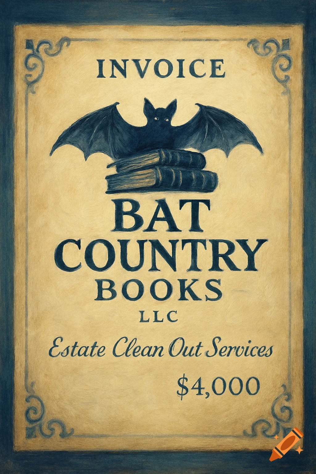 A vintage-style invoice for Bat Country Books, LLC, showing a bat perched on a stack of books, for Estate Clean Out Services totaling $4,000.