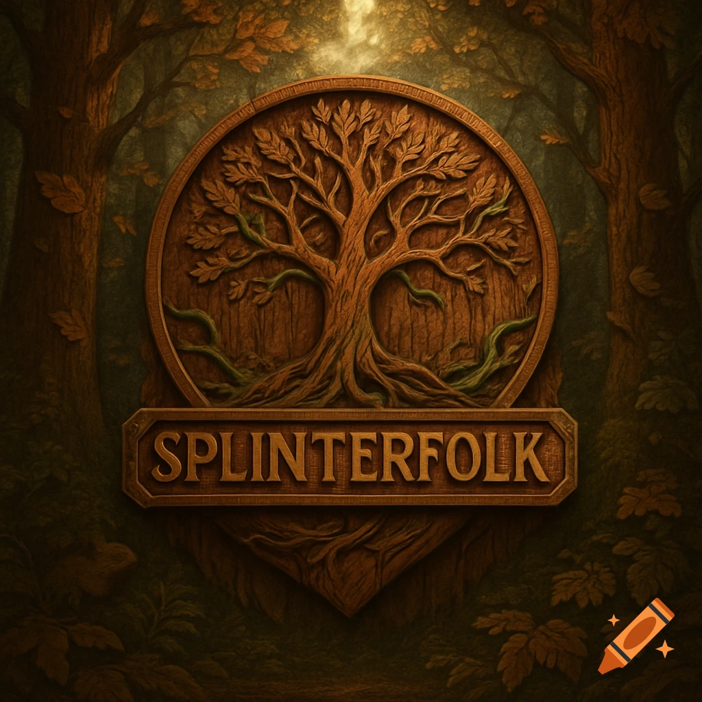 Carved wooden emblem featuring a tree, with 'SPLINTERFOLK' on a banner below, set against a dark, mystical forest background.