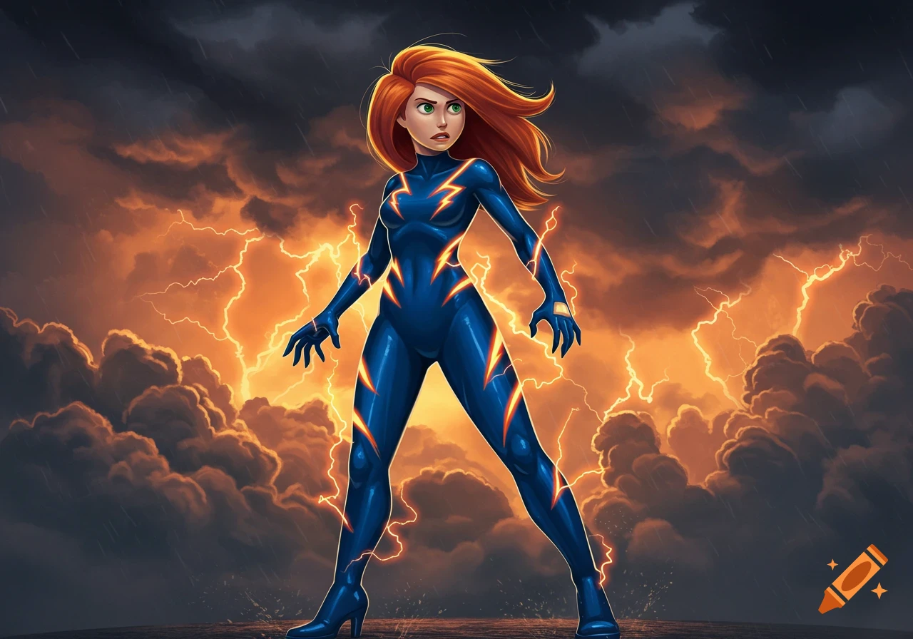 Kim Possible in a blue superhero suit with orange lightning bolts, standing against a stormy sky with bright orange lightning.