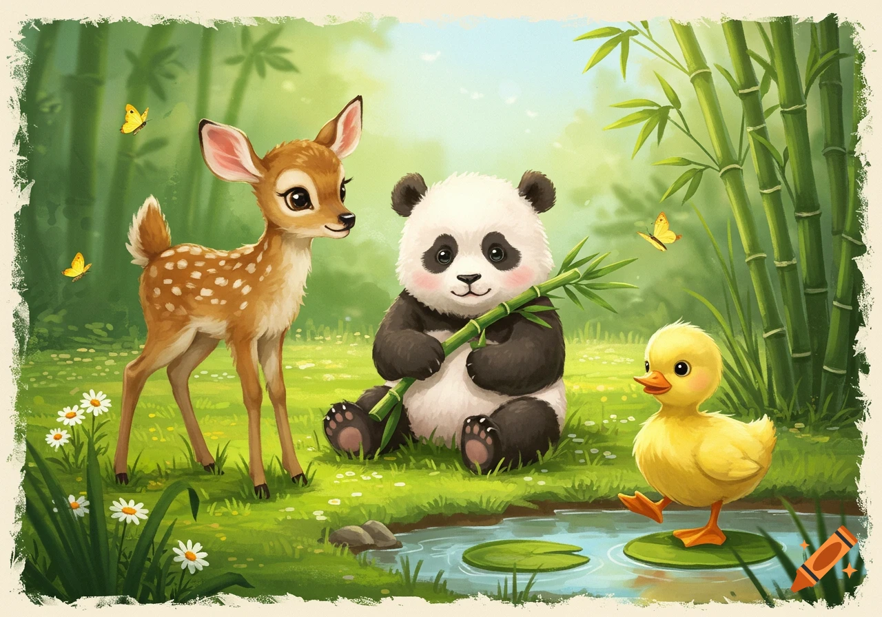 A cartoon baby deer, panda, and duckling stand near a stream in a lush green bamboo forest.