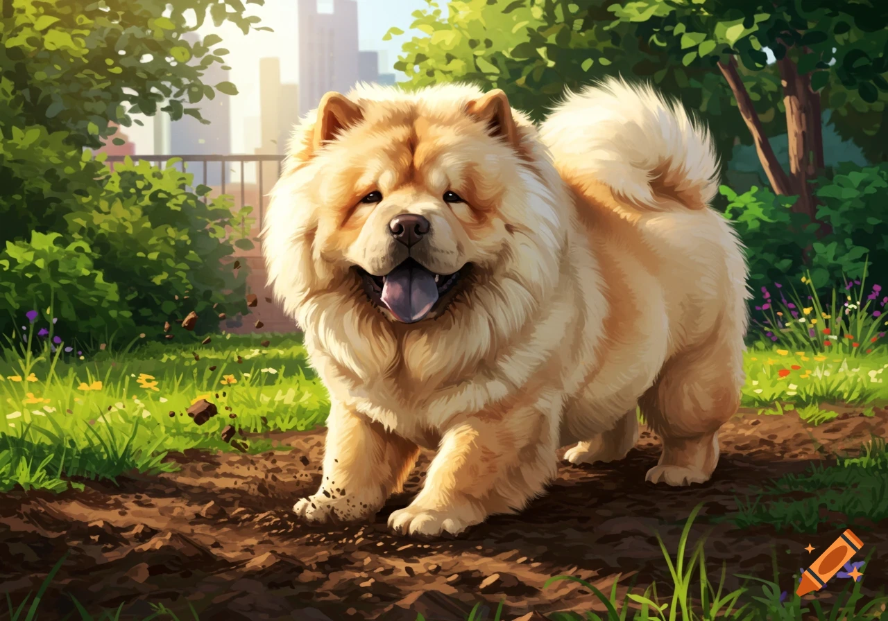 A happy Chow Chow dog on a dirt path in a park, with dirt flying to its left, in a cartoon illustration style.