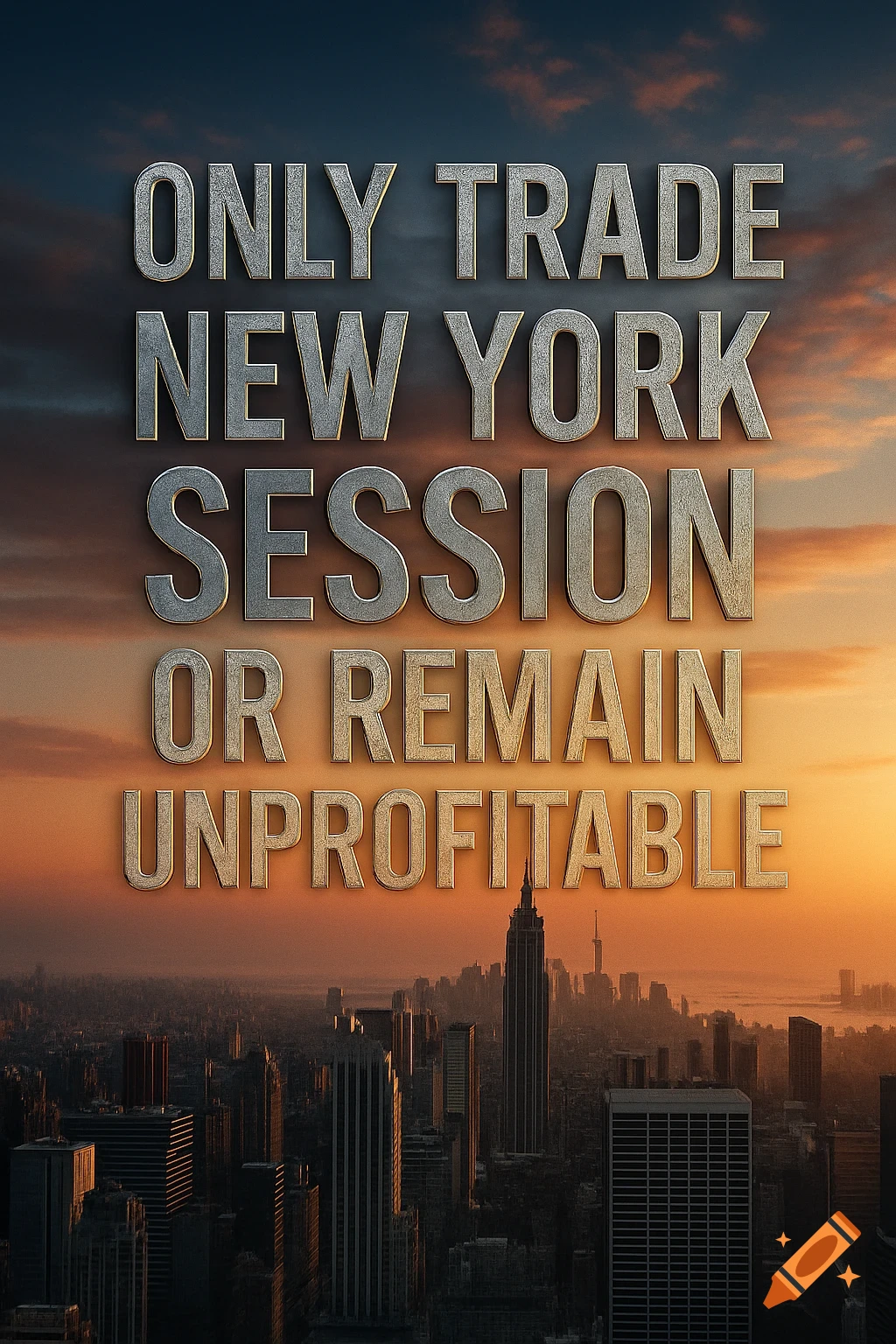Large silver text 'ONLY TRADE NEW YORK SESSION OR REMAIN UNPROFITABLE' against a New York City skyline at sunset.