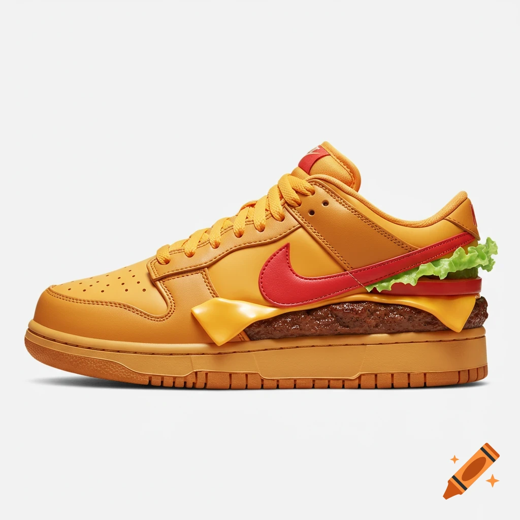 A photorealistic Nike shoe designed like a cheeseburger, featuring a brown patty, yellow cheese, red tomato, and green lettuce layers.