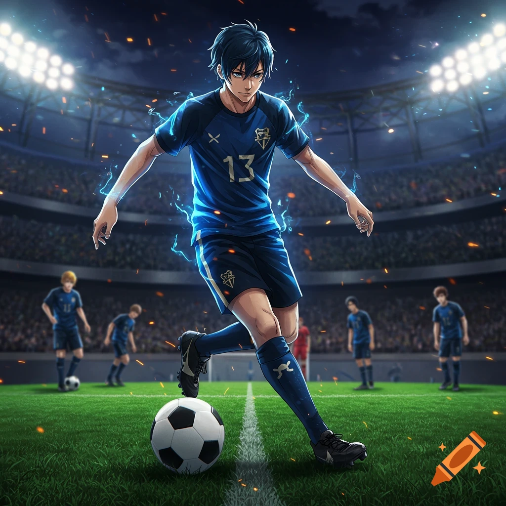 Anime male soccer player in a blue uniform dribbling a ball on a stadium field at night, with glowing blue energy around him.
