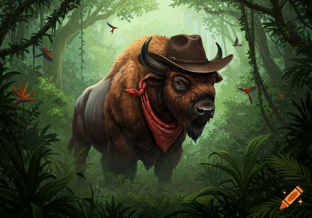 A majestic bison wearing a cowboy hat and red bandana stands in a vibrant, misty jungle, surrounded by lush foliage and flying parrots.