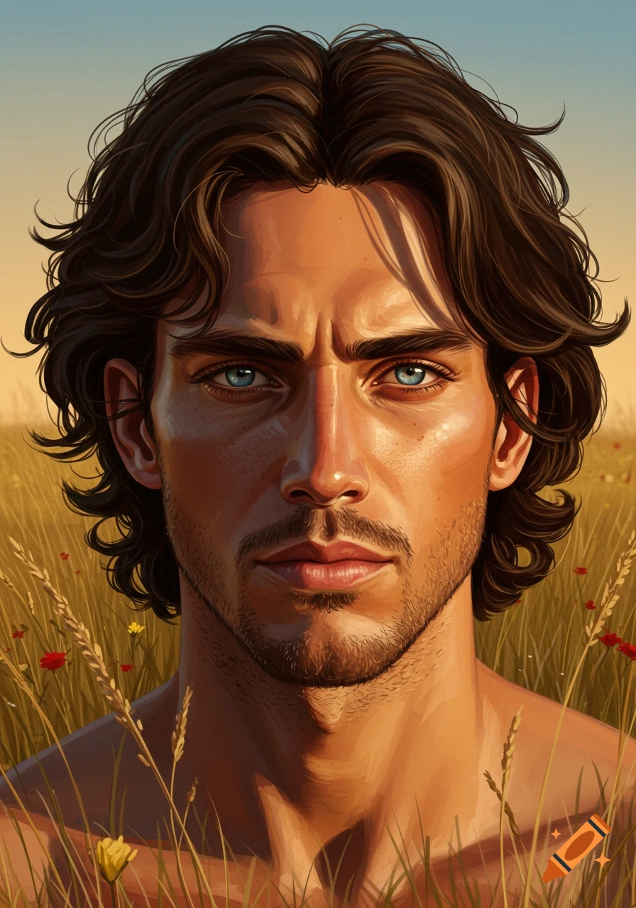 A stylized portrait of a man with dark curly hair and blue eyes, against a golden field with some red and yellow flowers.