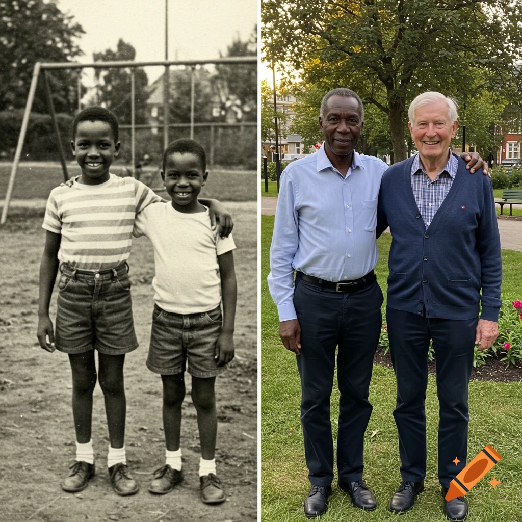 Side-by-side comparison of two friends: as young boys in a black and white photo and as elderly men in a color photo.