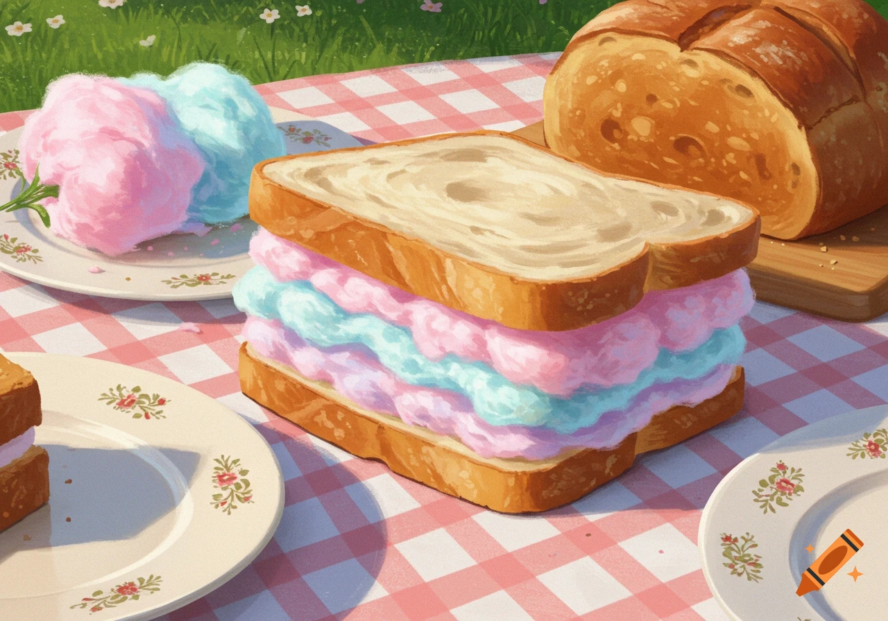 An illustration of a picnic scene featuring a whimsical sandwich filled with pink and blue cotton candy on a checkered blanket.