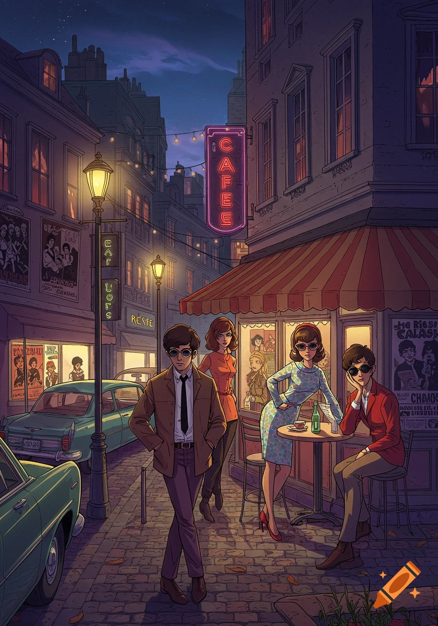 An anime-style illustration of a 1960s street scene at night, with people outside a cafe with a neon sign and vintage cars.