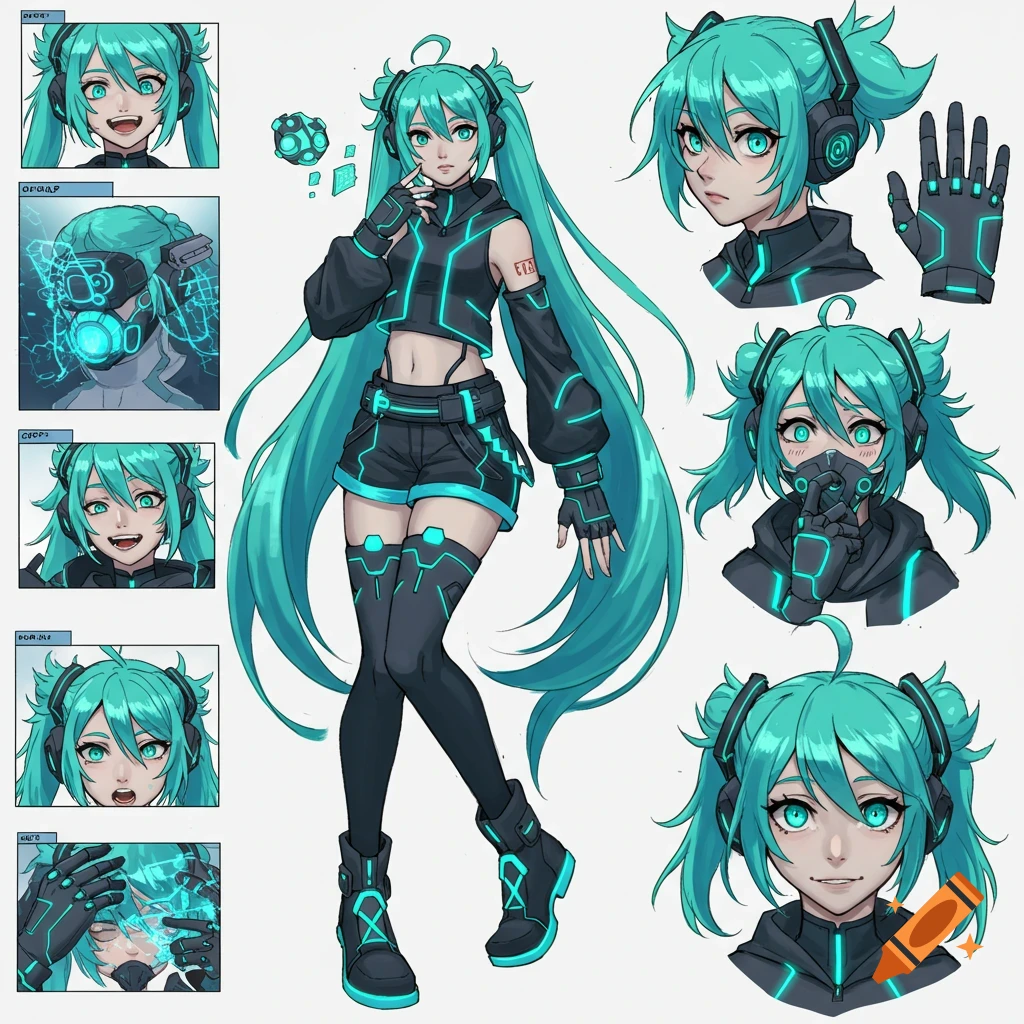 A full character reference sheet in anime style, featuring a woman with long, teal hair and glowing blue eyes in a dark, cyberpunk-inspired outfit with neon blue accents. Various headshots and detail shots are arranged around the main figure.