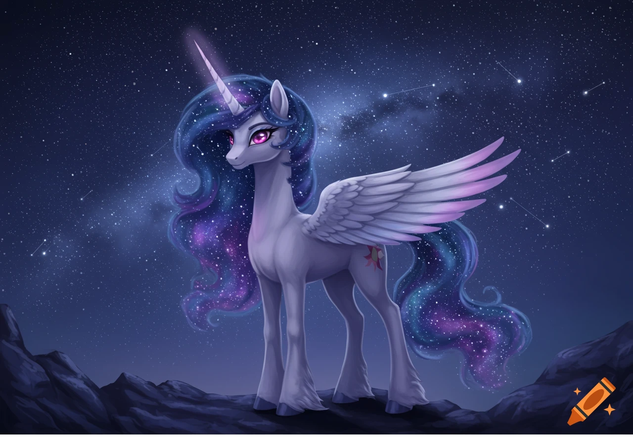 A regal alicorn with a periwinkle coat, pink eyes, and a nebula-like mane and tail stands on a rocky landscape under a starry night sky.