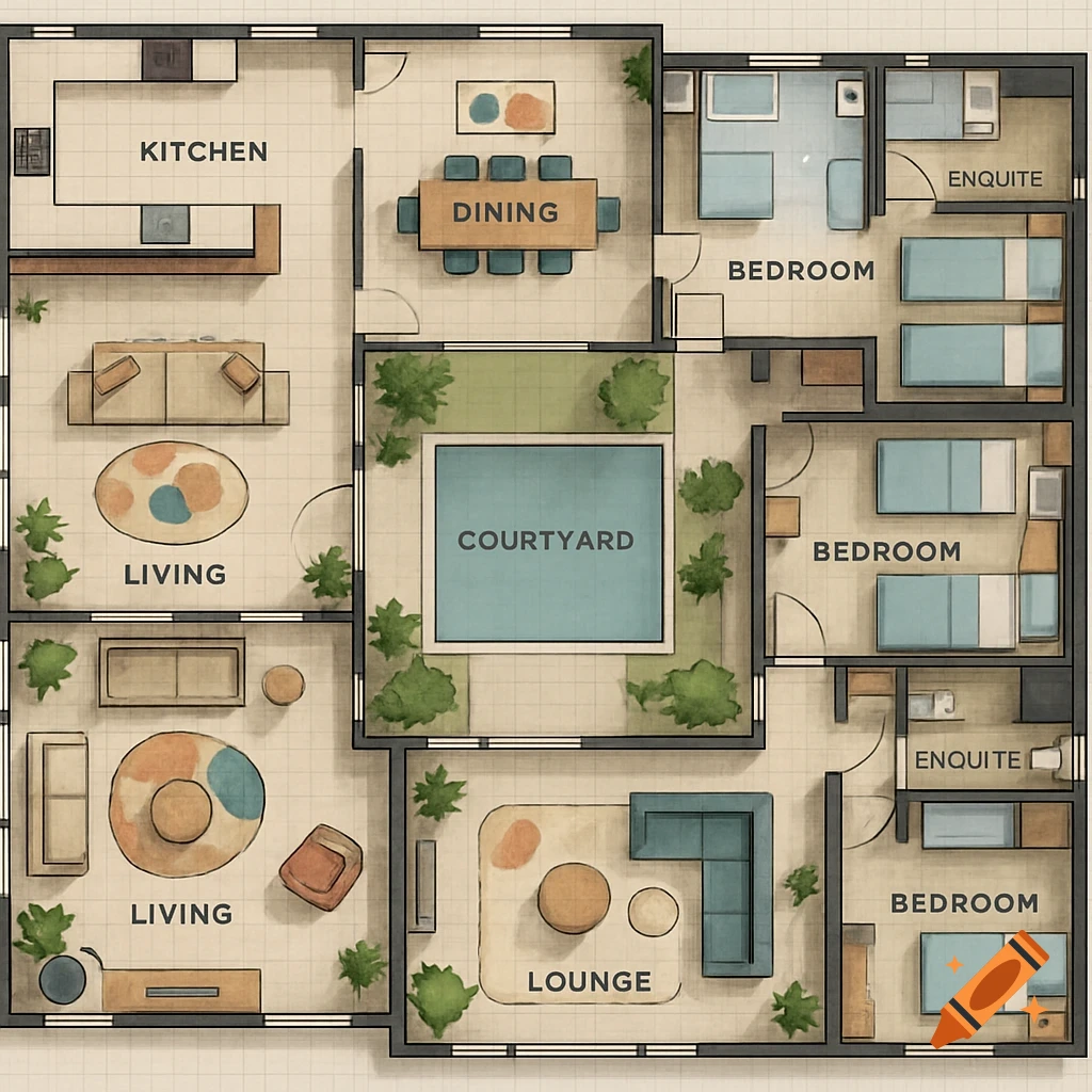 Overhead view of a detailed floor plan for a large house with multiple bedrooms, living areas, kitchen, dining room, courtyard, and lounge.
