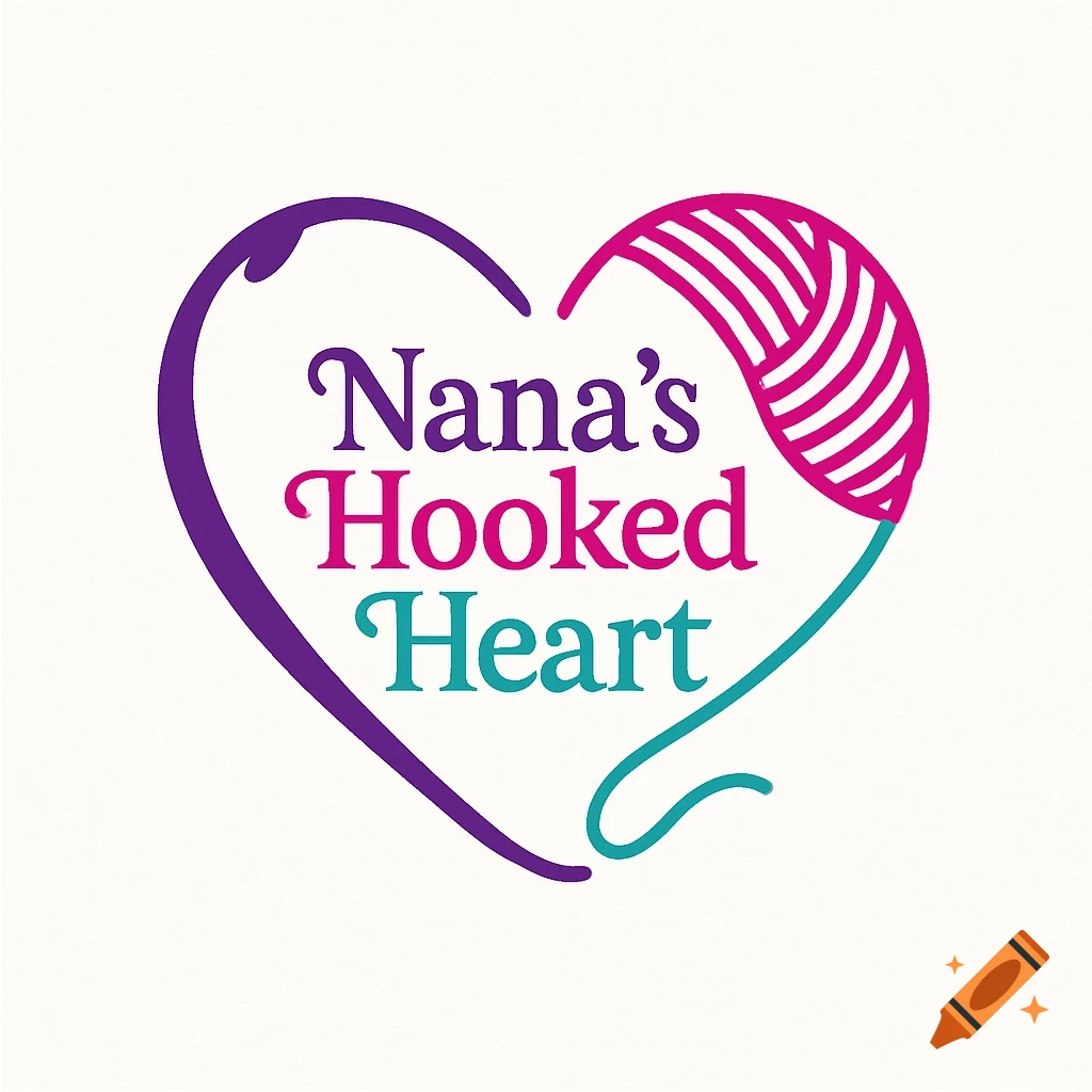 Heart-shaped logo with a purple crochet hook and pink yarn. Text 'Nana's Hooked Heart' in purple, pink, and teal.