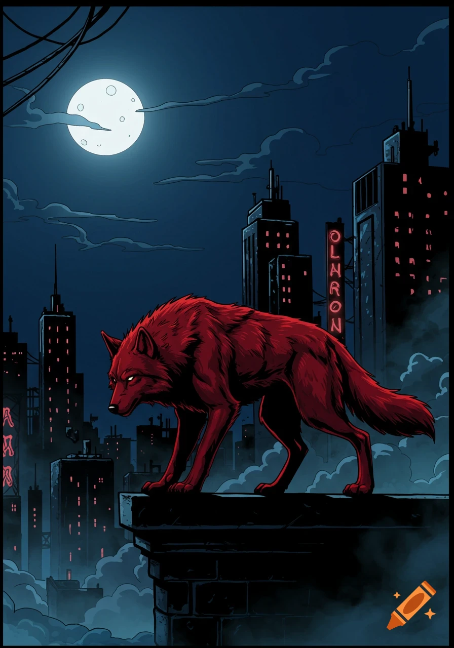 A red wolf stands on a rooftop overlooking a dark city at night under a full moon, in a comic book art style.