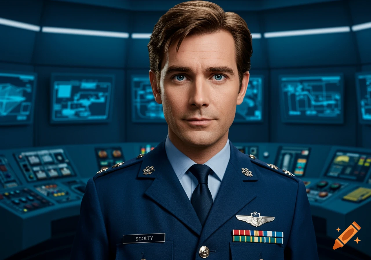 A man in a blue military uniform with ribbons and a name tag reading 'SCOUTY' stands in a futuristic control room.