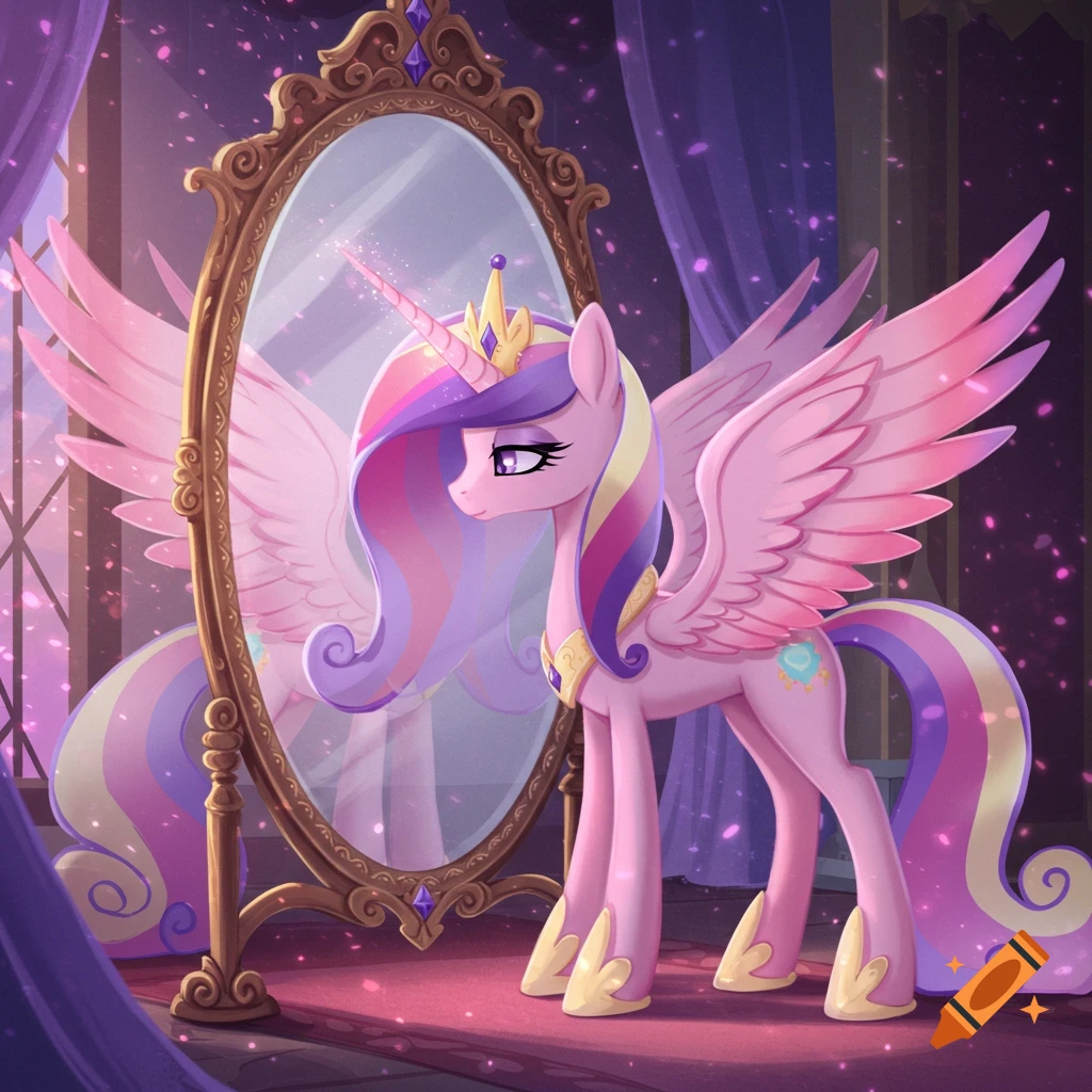 A pink alicorn with a crown looks into a tall, ornate gold mirror in a purple room filled with pink sparkles.