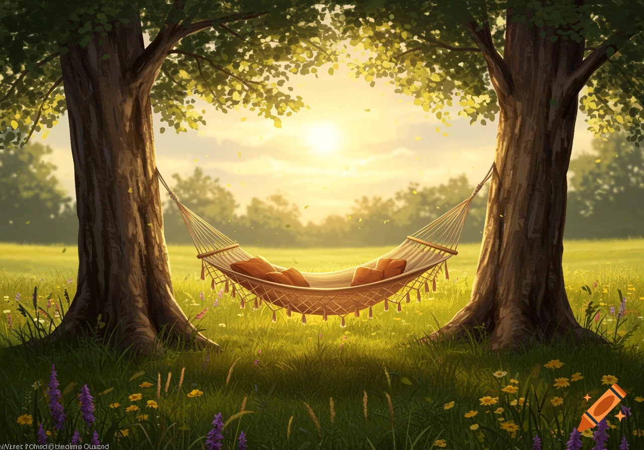A peaceful landscape with a hammock strung between two large trees, bathed in warm sunlight, surrounded by green grass and wildflowers.