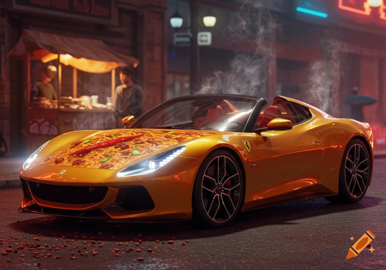 A golden Ferrari convertible parked on a wet city street at night, with a large pizza graphic on its hood and steam rising. A food stall is in the background.