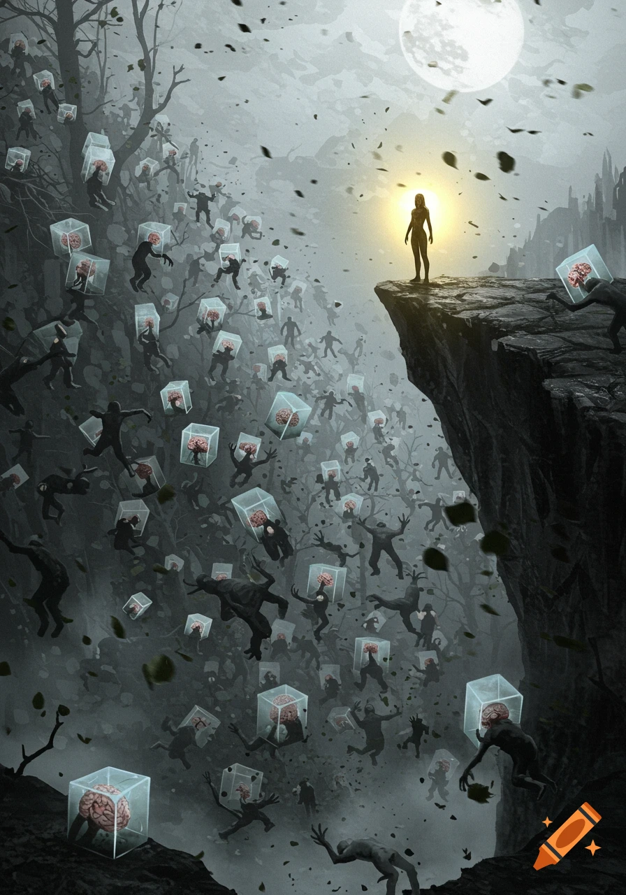A glowing woman stands on a cliff as shadowy figures with brains in boxes fall into a dark chasm under a full moon.