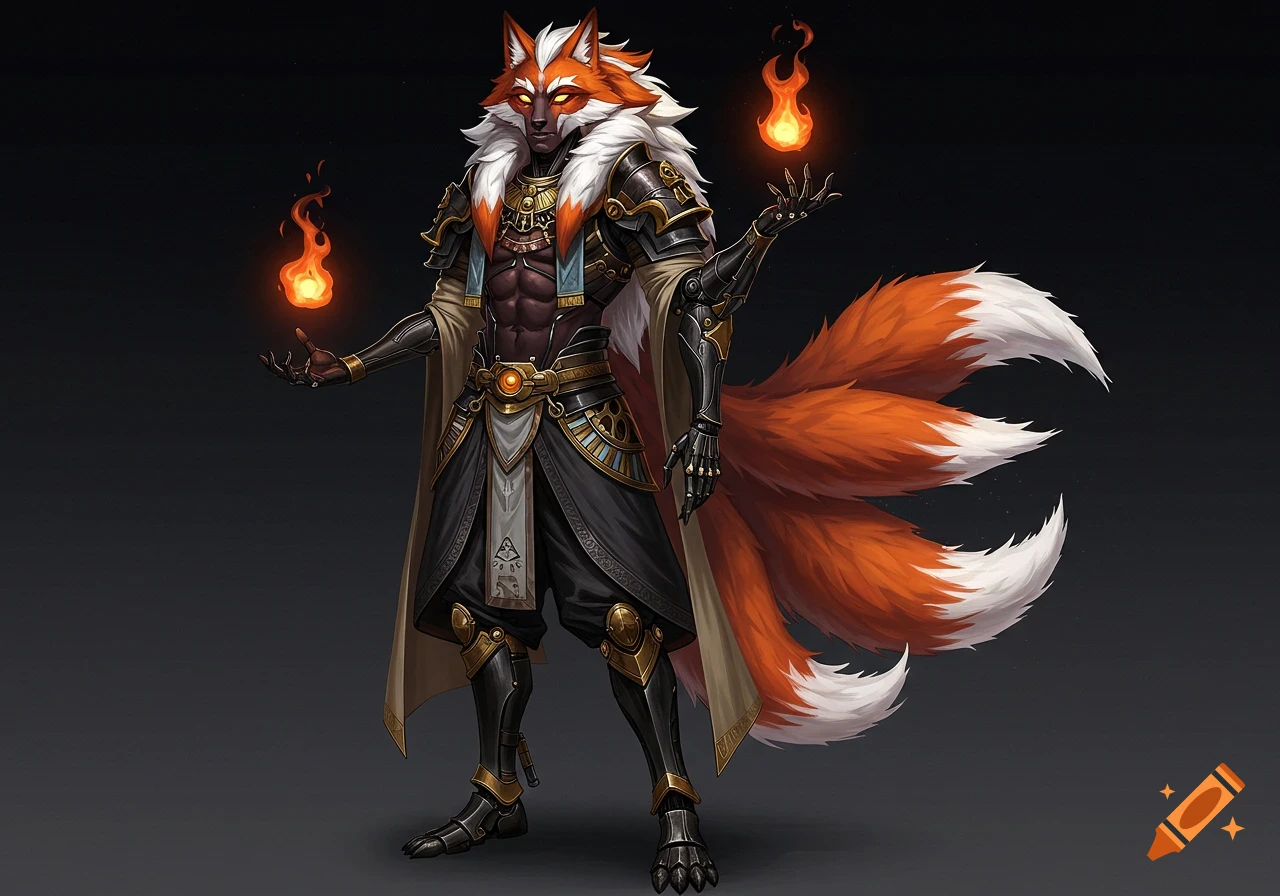 A dark-skinned anthropomorphic fox character with orange and white fur, glowing orange eyes, and five tails stands wearing elaborate fantasy armor with tech elements, holding glowing orbs of fire.