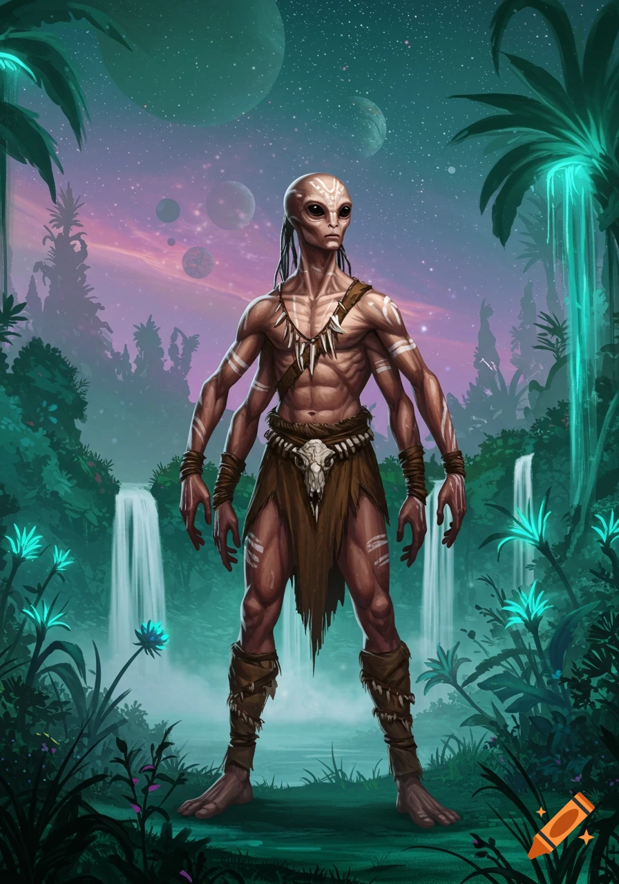 A four-armed humanoid alien stands in a lush alien jungle with waterfalls under a sky filled with planets.
