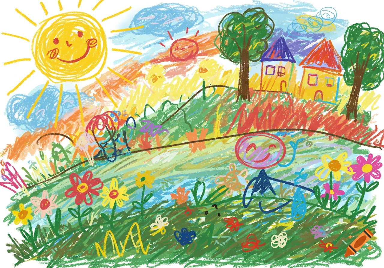 A colorful child's drawing depicting a landscape with a smiling sun, houses, trees, and flowers, colored outside the lines.
