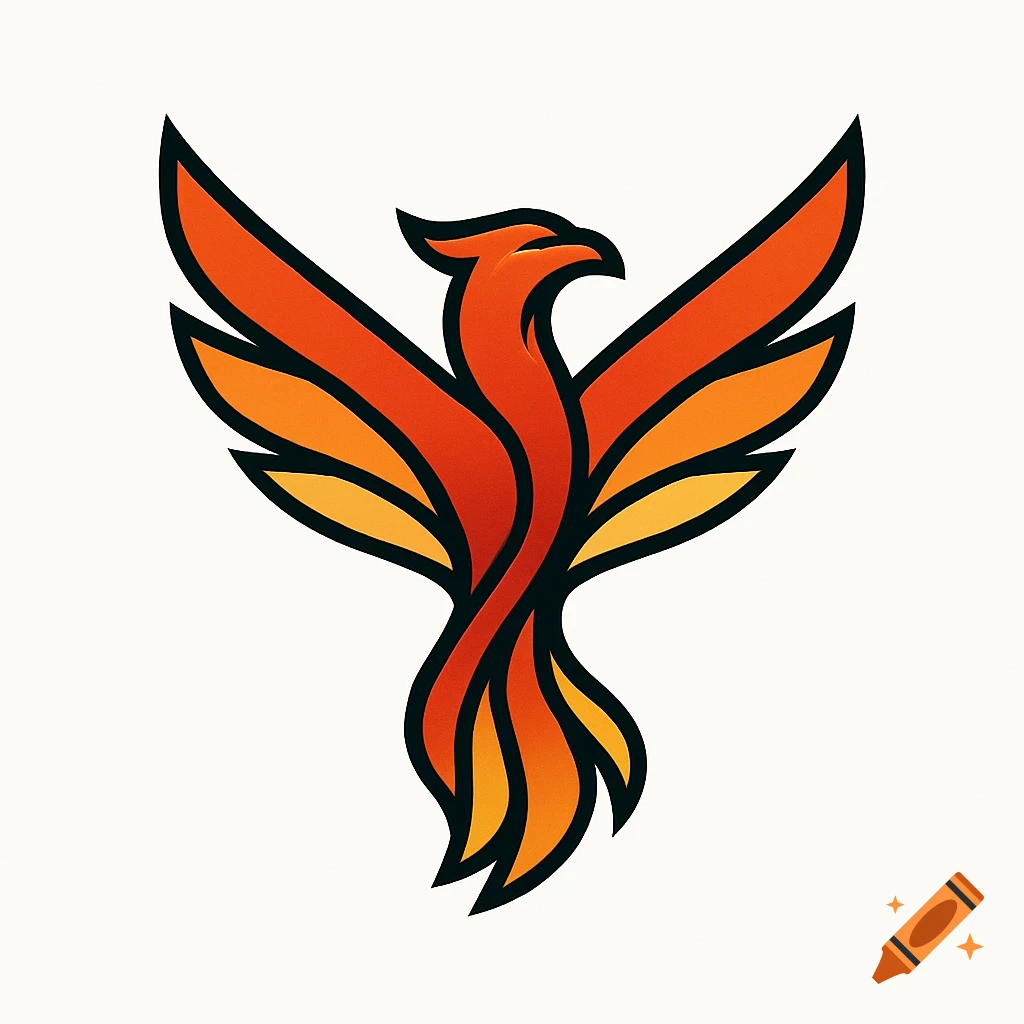 Stylized phoenix logo with orange and red wings on a white background.