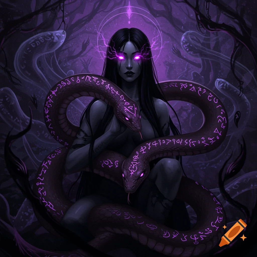 Dark fantasy illustration of a woman with glowing purple eyes holding two intertwined snakes with glowing runes, in a mystical, dark setting.