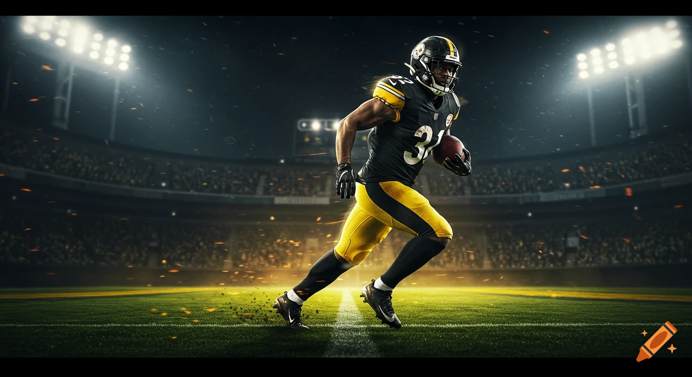 A football player in a black and yellow uniform running on a brightly lit field in a stadium at night.