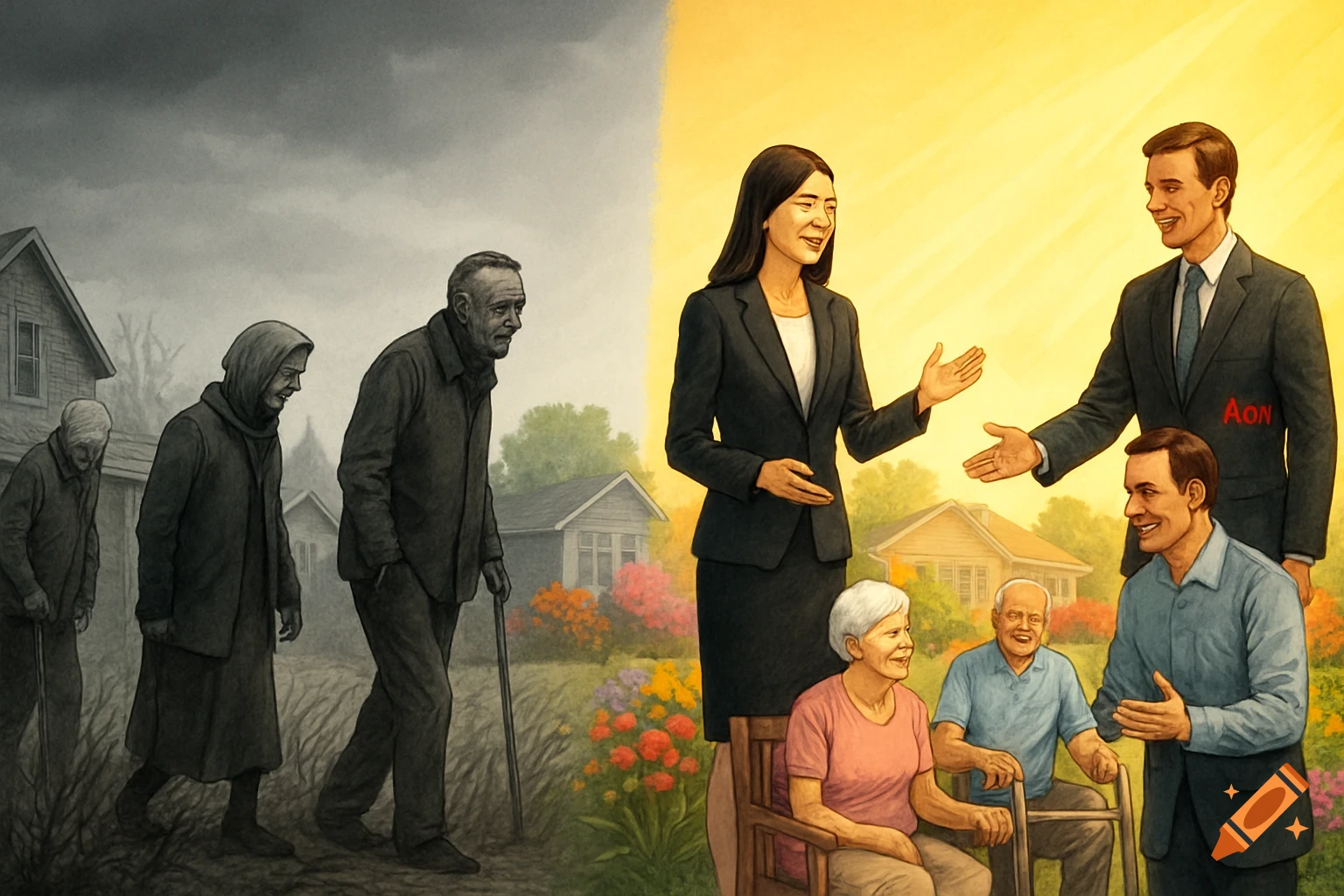 Split image shows a somber, grey-toned scene of three elderly people struggling on one side, and a bright, colorful scene of business consultants with happy elderly people on the other, depicting a contrast in retirement experiences.