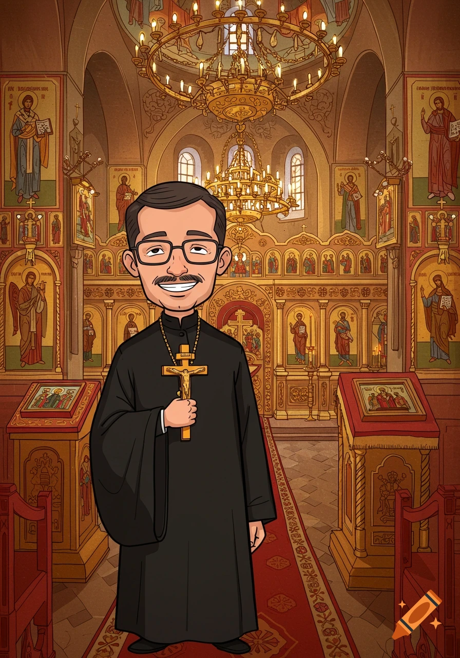 A cartoon-style image of a smiling man with short dark hair, glasses, and a mustache, dressed as a Russian Orthodox priest, holding a gold cross in a church with icons.