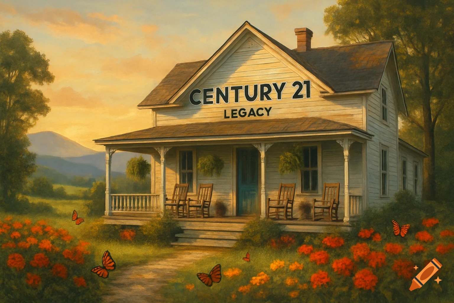 Painterly image of a white country house with 'CENTURY 21 LEGACY' on its facade, surrounded by red flowers and butterflies.