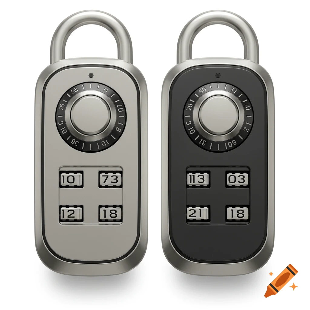 Two photorealistic combination luggage locks, one silver and one black, on a white background.