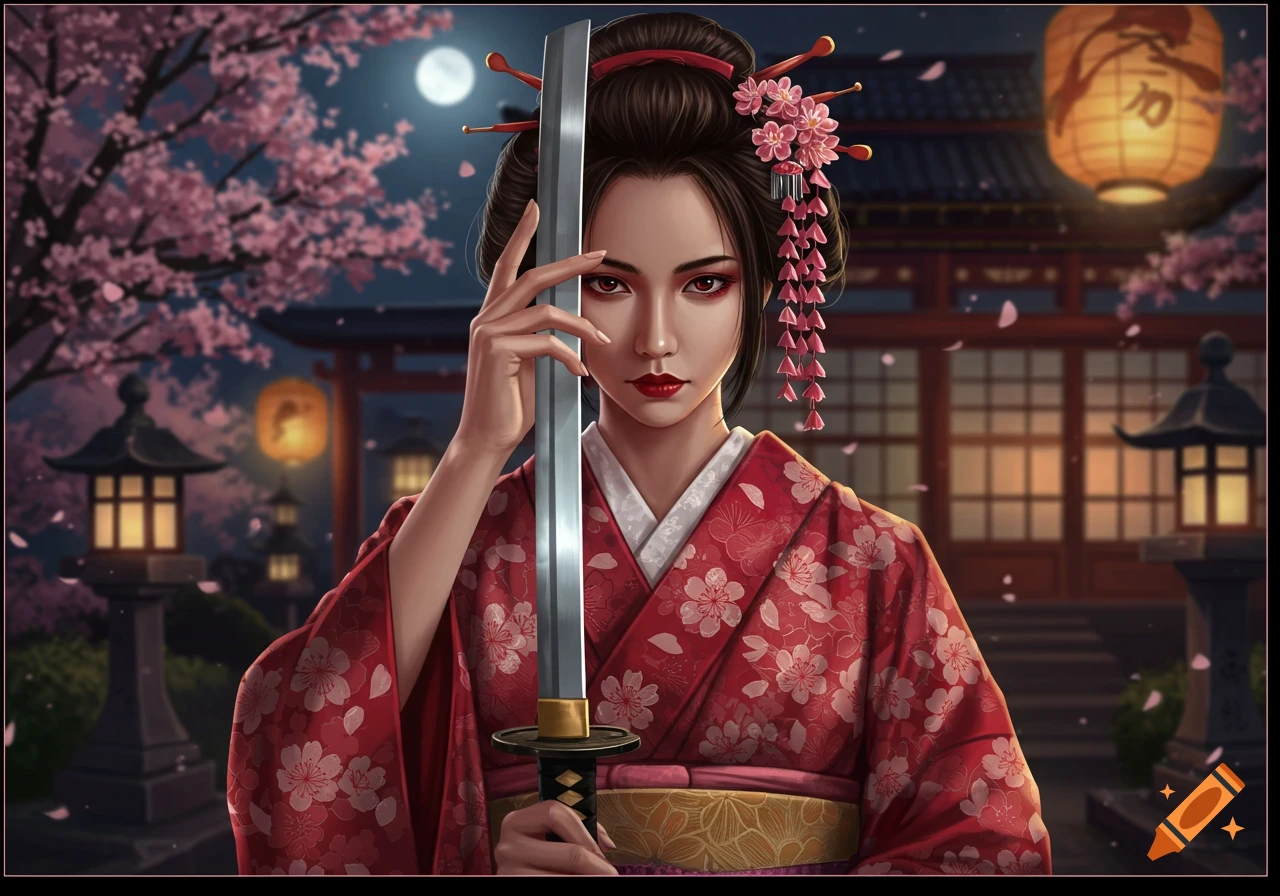 A geisha in a red kimono holds a katana, standing in a cherry blossom garden with lanterns under a full moon at night, digital art.
