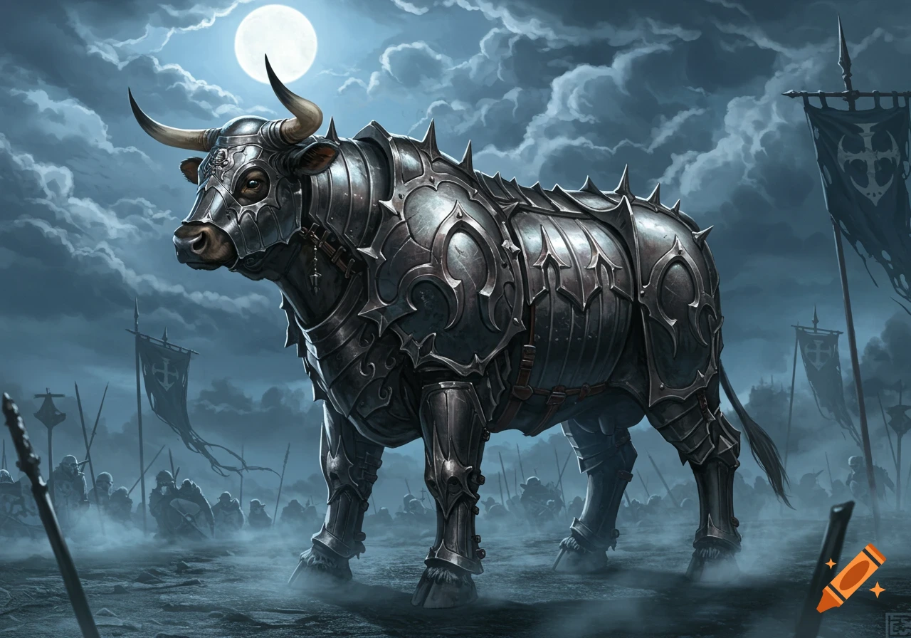 A powerful bull wearing dark, spiked medieval armor stands on a misty battlefield under a full moon, with soldiers and banners.